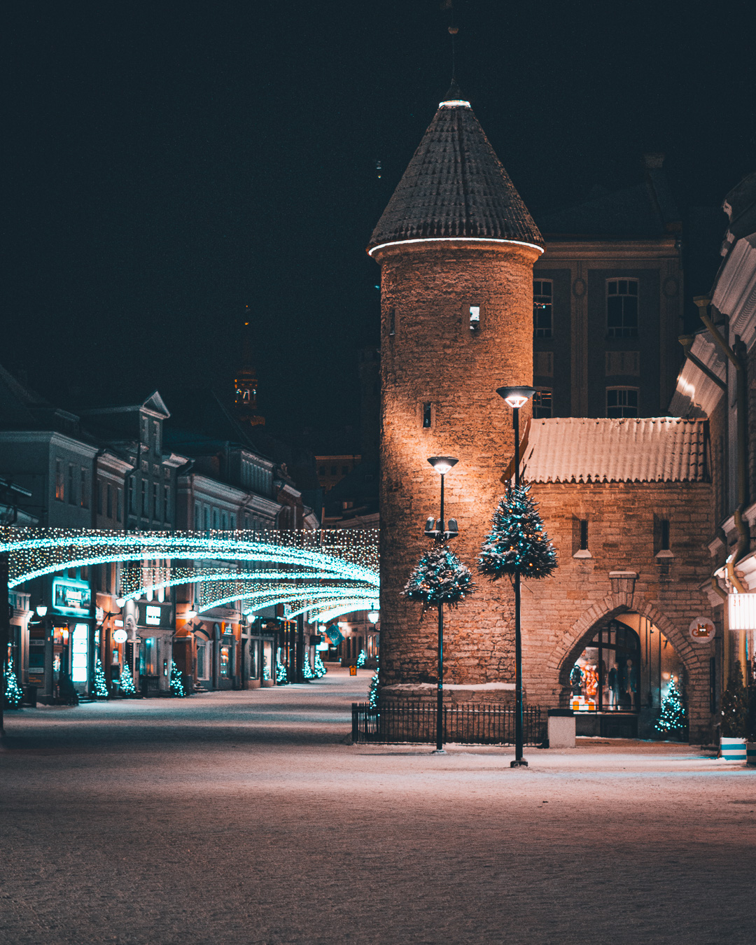 Viru gate with Christmas lights in the background