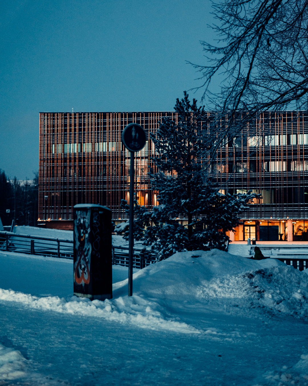 modern university building in the background of a snowy road