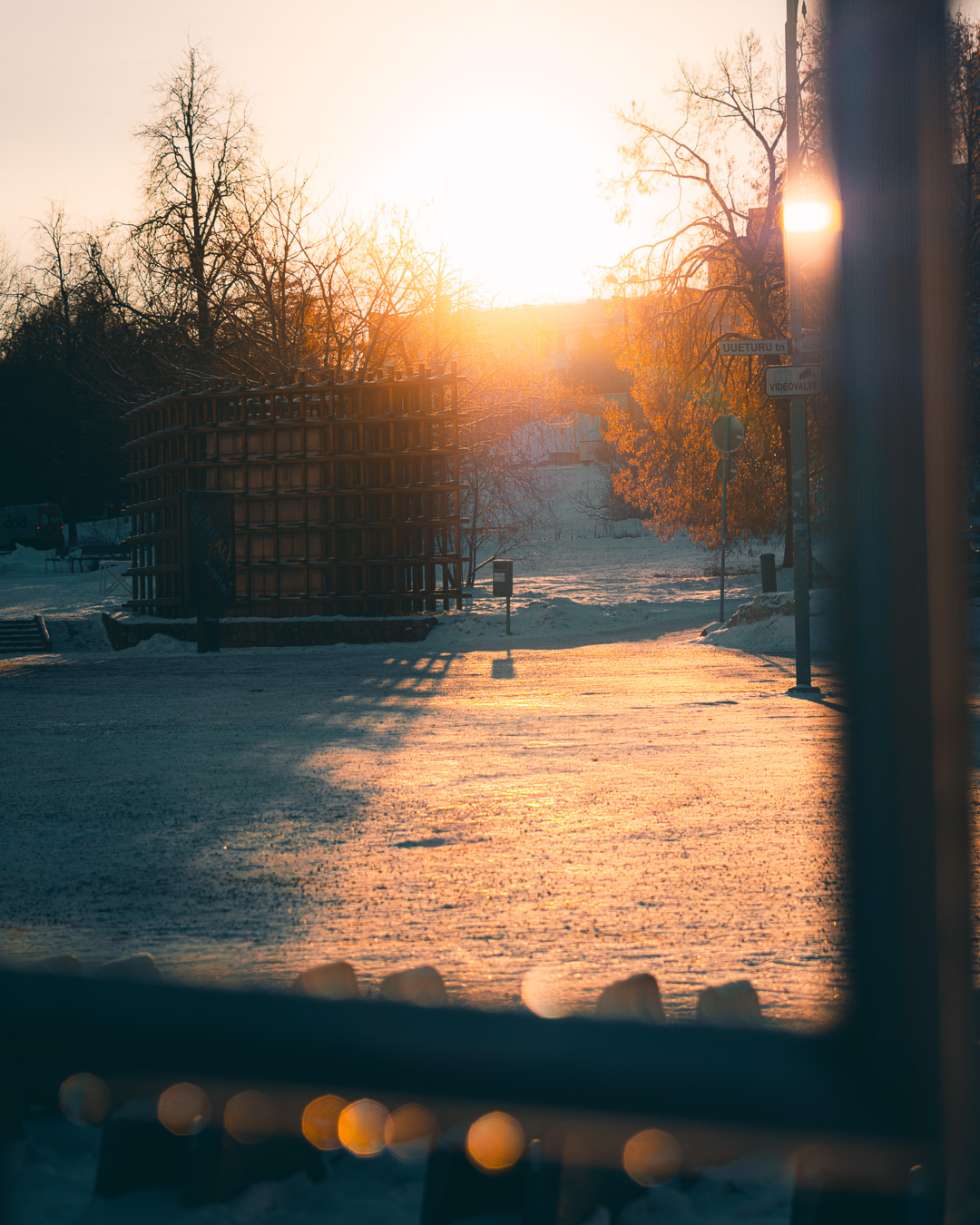 strong sunrise shining on the snow