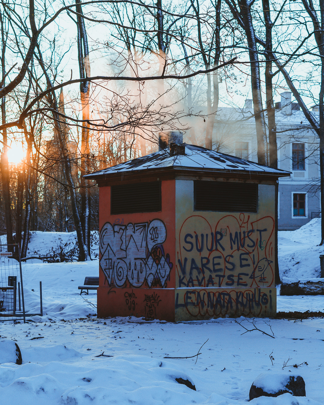 Hut covered in graffiti in the middle of a snowy field