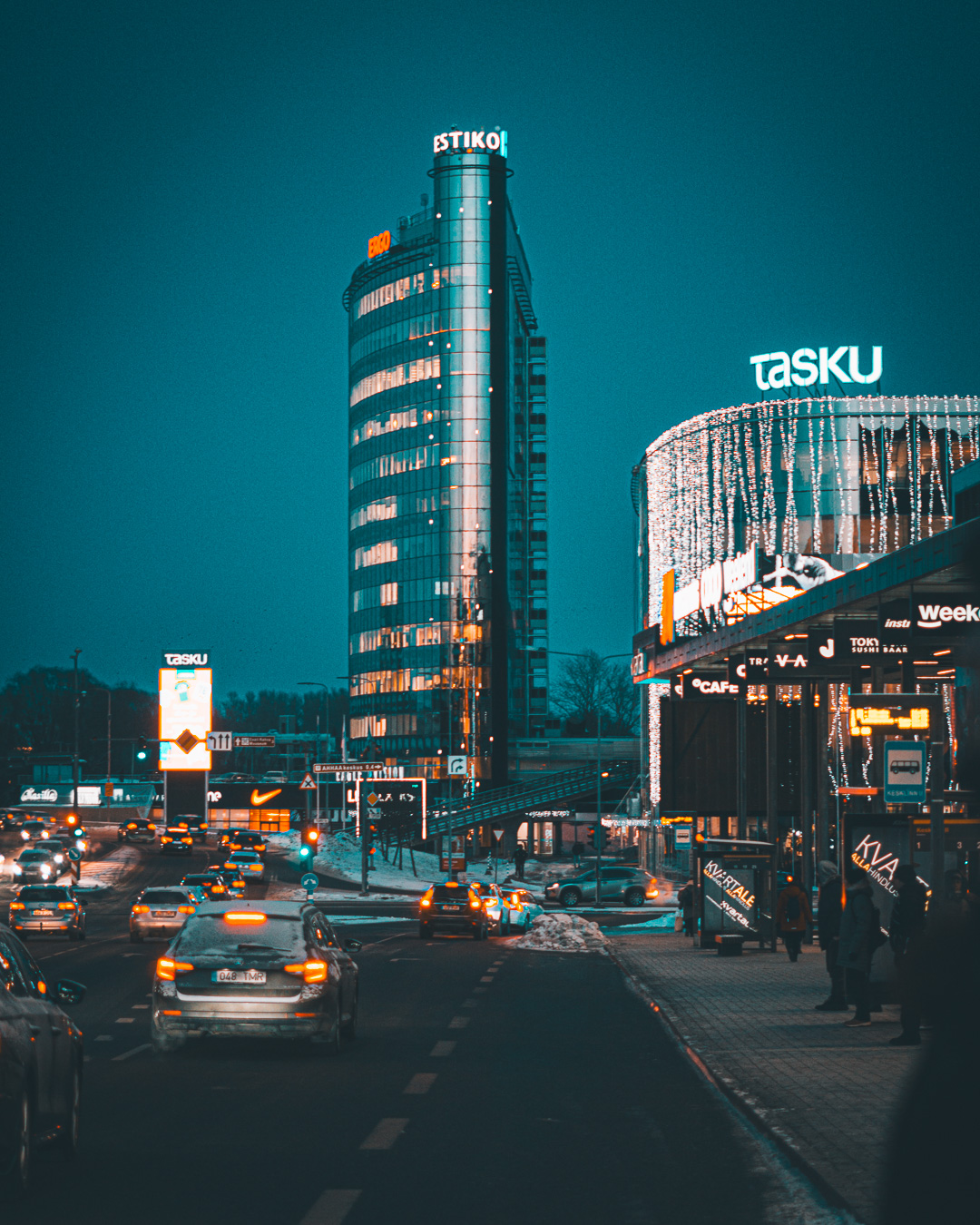 Tall modern building in Tartu city centre at night